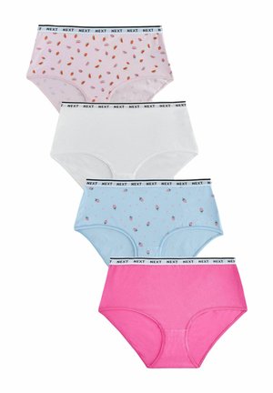 Paket med fyra bomullsbriefonderbyxor: rosa med frukttryck, vit, ljusblå med blommönster, och enfärgad rosa. Varje har en svart midja med "NEXT."