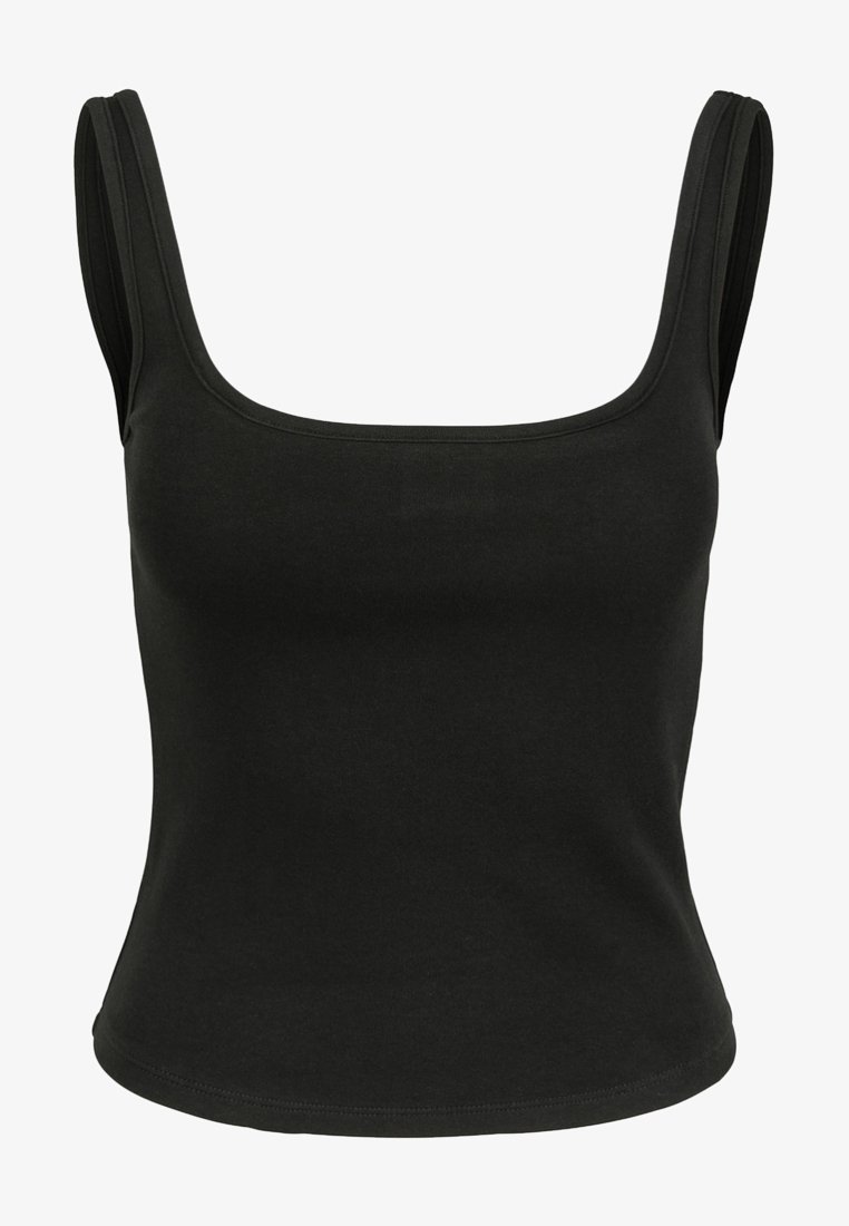 Černý upnutý tílko s širokým čtvercovým výstřihem a silnými ramínky. Vyrobeno z hladkého, elastického materiálu. Bezšvová konstrukce a žádné ozdoby.