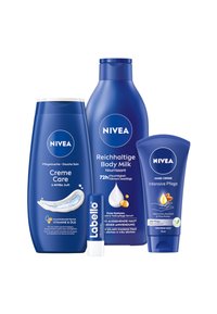 NIVEA products including a blue body lotion, hand cream, and Labello lip balm. Smooth textures with clear labels, varying bottle shapes and sizes.