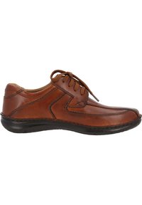 Brązowe skórzane buty na sznurówki z okrągłym noskiem, kontrastowym przeszyciem i elastyczną czarną podeszwą. Gładka tekstura z minimalnymi detalami.