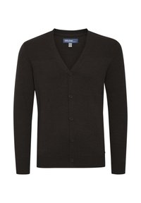 Męski ciemnobrązowy sweter zapinany na guziki z ryflowanym wzorem na ramionach, mankietach i u dołu, z dekoltem w kształcie V i długimi rękawami.