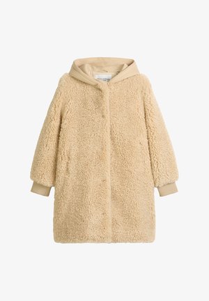 Abrigo beige de pastor con una textura esponjosa, silueta oversized y capucha. Puños acanalados y detalle de cierre delantero. Material suave y cálido.