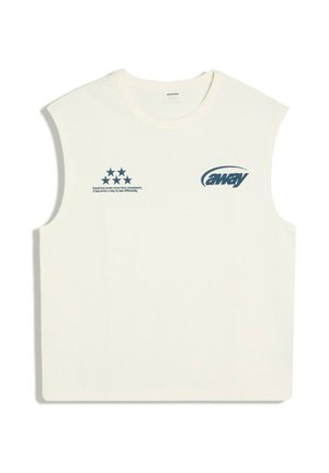 Chemise blanche sans manches avec des motifs d'étoiles bleues et du texte sur la poitrine gauche, et un grand texte "away" sur la poitrine droite.