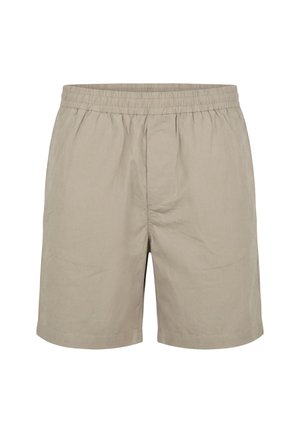 Pantalones cortos beige con cintura elástica, corte recto y tela suave, exhibidos sobre un fondo blanco.