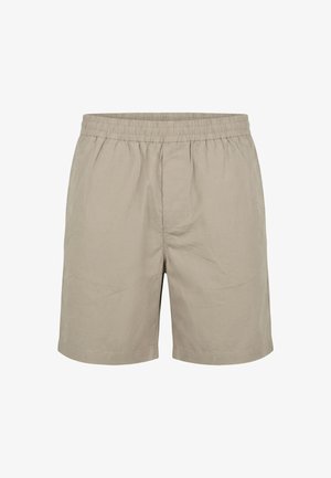 Pantalones cortos beige con cintura elástica, corte recto y tela suave, exhibidos sobre un fondo blanco.