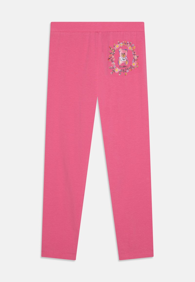 Leggings rosas con una cinturilla elástica, que presentan un gráfico de un oso de peluche rodeado de diseños florales en el muslo izquierdo. Material de algodón suave.