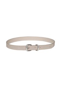 Beige leren riem met een gestructureerde afwerking, voorzien van een zilverkleurige metalen gesp en drie verstelgaatjes, ontworpen voor een veilige pasvorm.