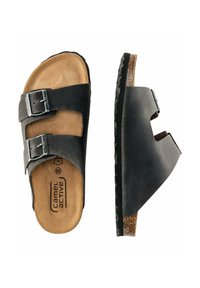 Zwarte leren sandalen met twee verstelbare zilveren gespen, een gestructureerde bruine binnenzool en een gevormde kurken voetbed. Dikke rubbere buitenzool.