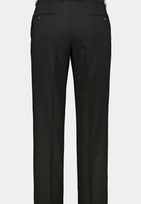 Op maat gemaakte donkergrijze broek met een gladde textuur, slim fit, twee achterzakken, subtiele stiksels en een rechte pijp.