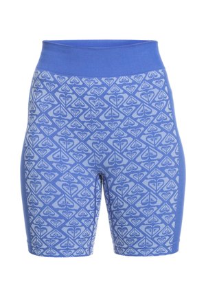 Pantaloni corti blu con un'alta vita, caratterizzati da un intricato design geometrico nei toni di blu più chiari su tutto il tessuto.