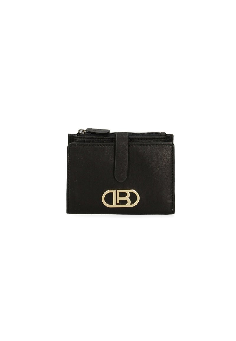Black leather wallet with a zip compartment, featuring a gold-tone logo on the front and a snap closure. Smooth texture and rectangular shape.