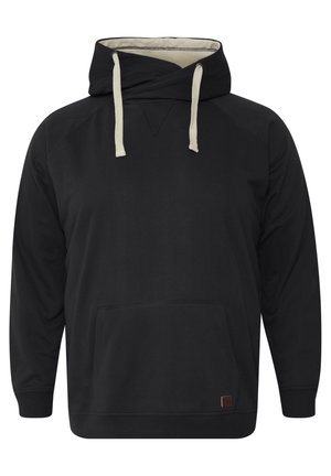Black hooded sweatshirt with a front pocket, cream drawstrings, and a textured interior. Features raglan sleeves and a small brown accent patch.
