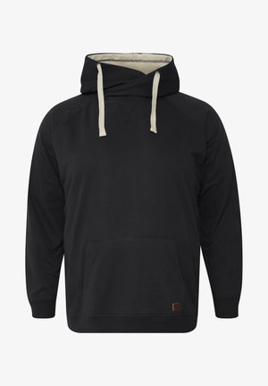 Črna kapuca z žepom spredaj, smetanasti, vrvici in teksturirano notranjostjo. Ima raglan rokave in majhno rjav poudarek.