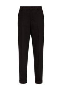 Pantalons noirs avec une finition en tissu lisse, présentant un design classique, un devant plat et des ourlets retroussés. Comprend une fermeture à bouton et un zip à l'avant.
