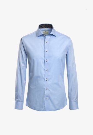 Hele sinise pikkade varrukatega särk klassikalise kraega, nööpidega ees ja paisleimustriga sisekraega. Sile tekstuur, hästi istuv disain.