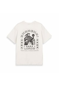Weißes Baumwoll-T-Shirt mit einem schwarzen grafischen Design, auf dem der Text "SHANGHAI GRMY LORDS" und eine Darstellung, die mit traditioneller chinesischer Massage zu tun hat, abgebildet sind.