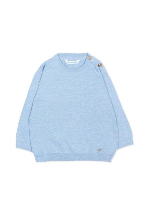 Maglione per bambino azzurro chiaro lavorato a maglia con due bottoni di legno sulla spalla sinistra e polsini e orlo a coste.