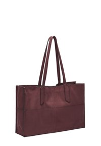 Bordowa torba na ramię z dwiema długimi rączkami, o prostokątnym kształcie, gładkiej fakturze, minimalnym przeszyciu oraz bez widocznych metalowych elementów i ozdób.