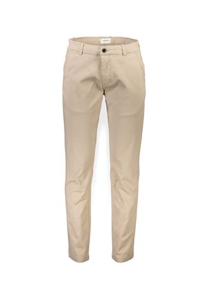 Pantaloni in cotone beige a taglio slim, dotati di chiusura con un solo bottone, passanti per cintura e tasche laterali. Tessuto liscio e design pulito.