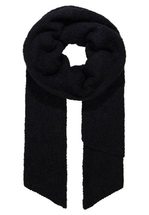 Weicher, schwarzer, gestrickter Wollschal, gefaltet und mit einer geschlungenen Mitte und zwei herabhängenden Enden drapiert, ideal für Wärme und Stil im Winter.