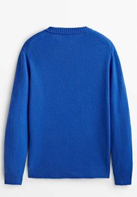 Pull bleu à manches longues avec col rond, poignets et bas côtelés, vu de dos sur fond blanc.