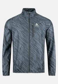 Herren leichte Jacke, grau mit subtiler gemusterter Textur, vollzip, hoher Kragen und zippered Brusttasche. Verfügt über elastische Bündchen.