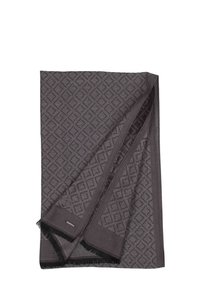 Écharpe tissée gris foncé avec un motif en losange et des bords frangés. Fini avec une étiquette discrète de la marque sur un côté.