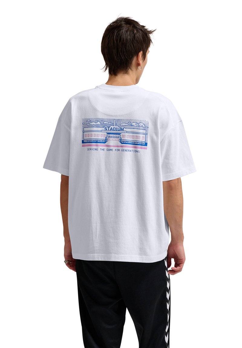 White cotton t-shirt with a relaxed fit, featuring a graphic of a stadium and text on the back. Short sleeves and crew neck design.
