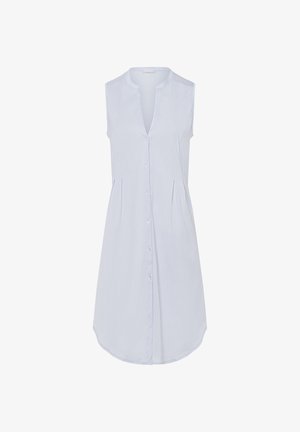 Hellblaues, ärmelloses Hemdkleid mit knöpfbarem Frontbereich, Plisseedetails an der Taille und abgerundetem Saum. Glatte Stofftextur.
