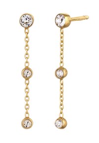 Goldene Ohrringe mit drei verbundenen Ketten, die oben und unten runde klare Kristalle sowie in der Mitte einen runden Kristallakzent aufweisen.