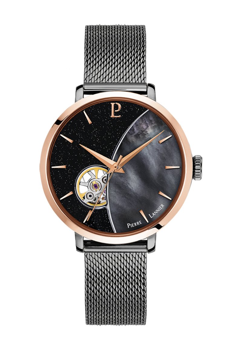 Herreur med en sort og grå urskive, rosaguldsdetaljer, mesh-armbånd i rustfrit stål og synlig tourbillon-detalje.