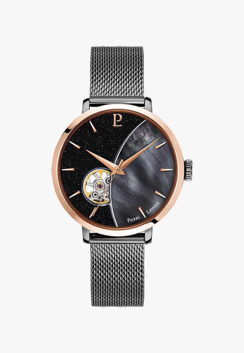 Herreur med en sort og grå urskive, rosaguldsdetaljer, mesh-armbånd i rustfrit stål og synlig tourbillon-detalje.