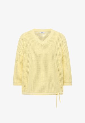 Gelber Pullover mit offenem Strickmuster, V-Ausschnitt, 3/4-Ärmeln und Kordelzug am Saum.