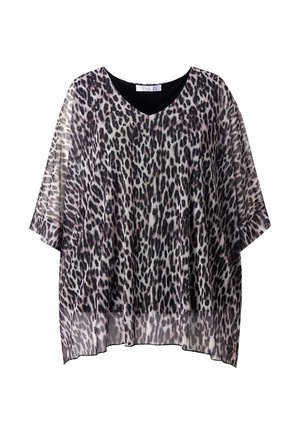 Lehoučká halenka s leopardím vzorem, výstřihem do V a tříčtvrtečními rukávy, vyrobená z průsvitné tkaniny a s volným střihem.