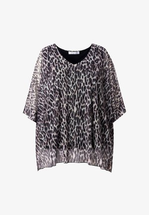 Blusa leopardata fluida con scollatura a V e maniche a tre quarti, caratterizzata da tessuto trasparente e una vestibilità ampia.