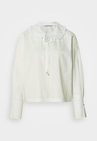 Biała bluzka w paski z falbankowym kołnierzem, długimi rękawami i zapięciem na sznurek. Ozdobiona złotymi detalami i o luźnym kroju.