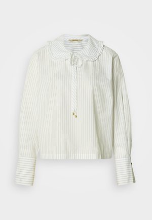 Biała bluzka w paski z falbankowym kołnierzem, długimi rękawami i zapięciem na sznurek. Ozdobiona złotymi detalami i o luźnym kroju.