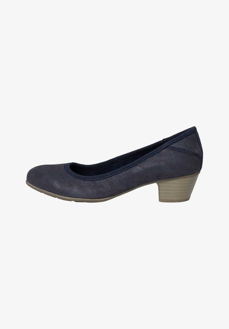 Escarpin pour femmes bleu marine à talon bas, bout arrondi, tige en tissu texturé et talon bloc empilé beige.
