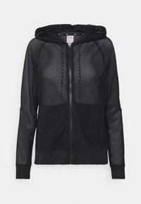 Felpa nera in rete con zip e cappuccio regolabile, caratterizzata da maniche lunghe e polsini a coste, realizzata in tessuto intrecciato traspirante.
