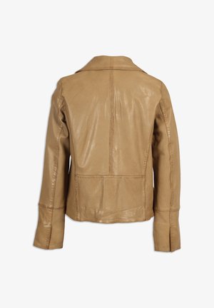 Lichtbruine leren jas gezien van achteren met lange mouwen, zichtbare stiknaden en een rechte zoom, op een witte achtergrond.