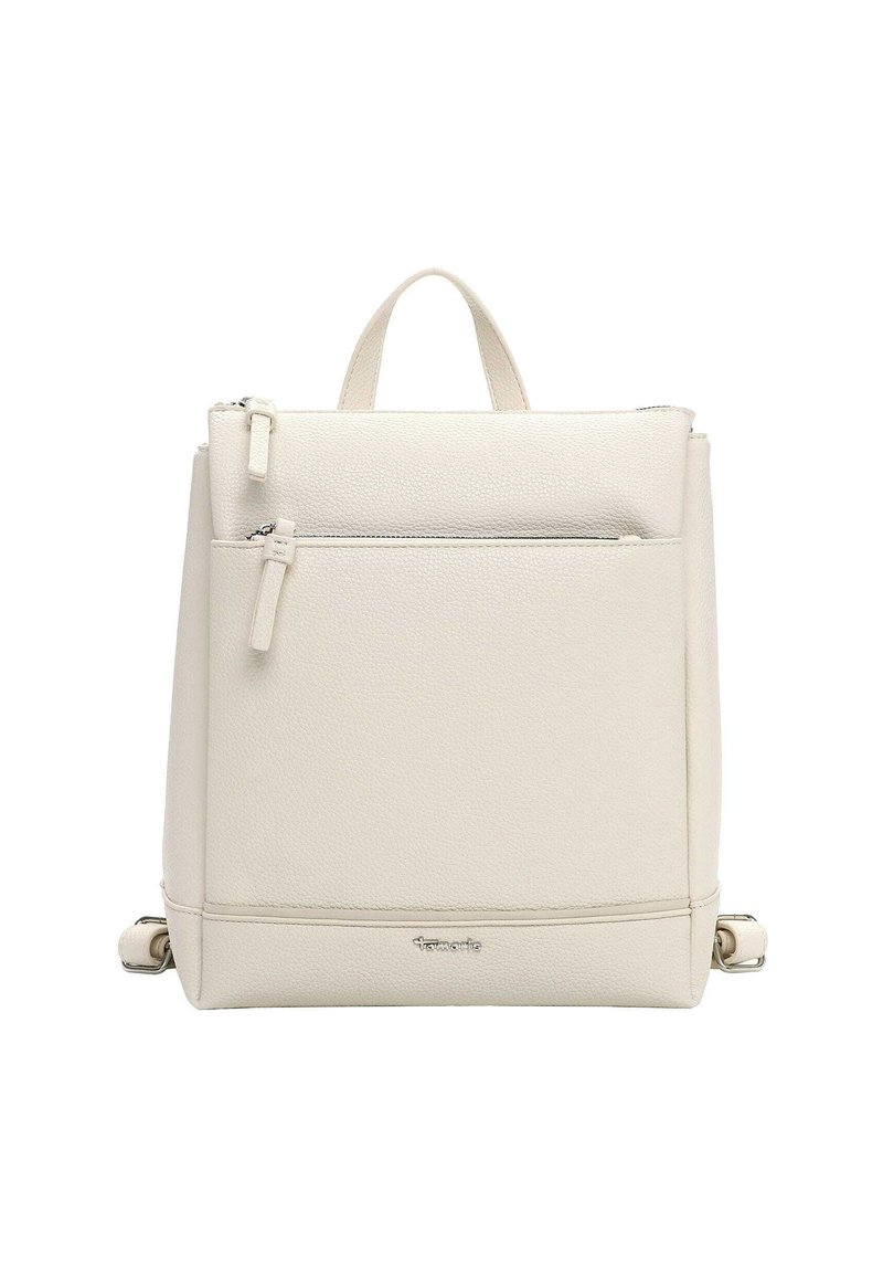 Valge nahast seljakott tekstuurse viimistlusega, millel on kaks tõmblukuga sahtlit ja ülemine käepide, mis on loodud mitmekülgsuseks ja funktsionaalsuseks.