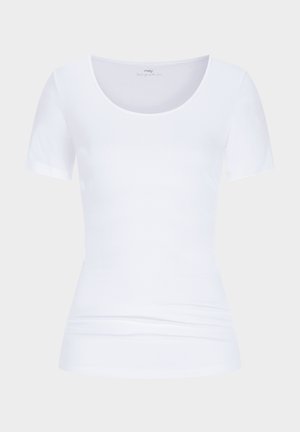 White short-sleeve T-shirt, round neckline, made of smooth fabric, fitted design with subtle side detailing, versatile basic piece.
