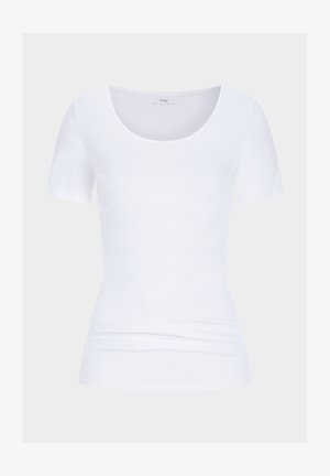 Witte T-shirt met korte mouwen, ronde halsopening, gemaakt van gladde stof, aansluitend ontwerp met subtiele zijdetails, veelzijdig basisstuk.