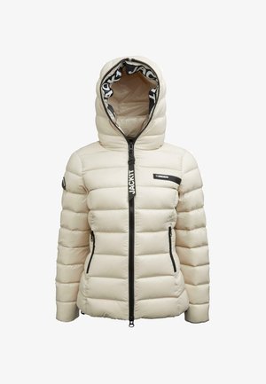 Béžová zateplená bunda s kapucí, černý zip, dvě kapsy na zip a černé značení "JACKIT" na zipu a na kapsičce na prsou.