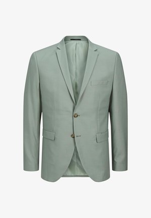 Light green blazer, single-breasted, notch lapels, two front pockets, one chest pocket, two brown buttons, smooth texture, unlined interior.