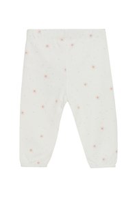 Pantalons crème légers avec une taille élastique, ornés d'un motif floral pastel de étoiles roses et bleues, avec des poignets froncés.