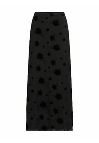 Svart skjørt med blomsterprint i fløyelsaktig materiale. Det har en ankel-lengde design og en glatt, flytende tekstur.