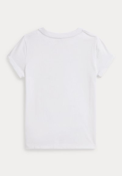 Balta īsām piedurknēm T-krekls, izgatavots no kokvilnas, ar apaļu kakla izgriezumu un gludu tekstūru. Nav redzamu rakstu vai akcentu.