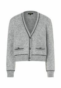 Grijze gebreide cardigan met V-hals, twee voorzakken, knoopsluiting en contrasterende zwarte stiksels langs de randen.