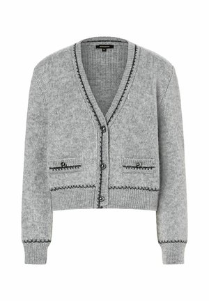 Grijze gebreide cardigan met V-hals, twee voorzakken, knoopsluiting en contrasterende zwarte stiksels langs de randen.